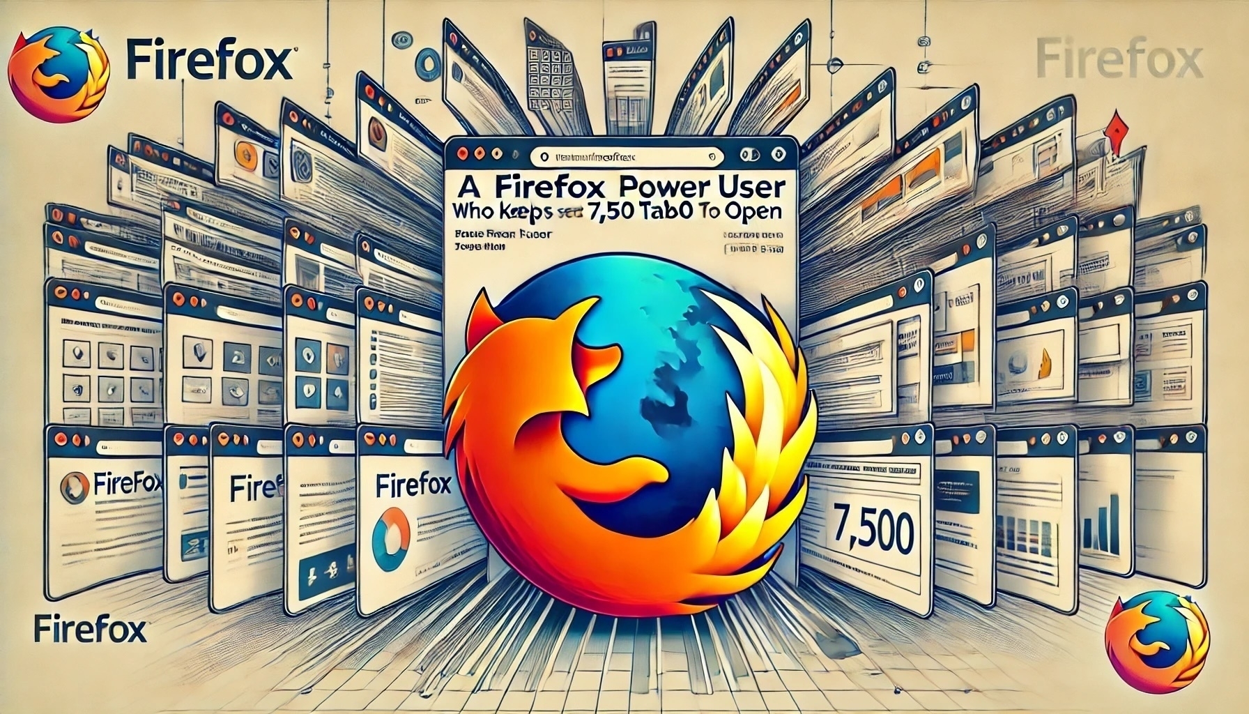 Browser interface with thousands of tabs open, representing a Firefox user with 7,500 tabs. The Firefox logo is in the background, highlighting stability. A rocket icon symbolizes speed, with a clean, technical design in Firefox’s orange, blue, and white color scheme.