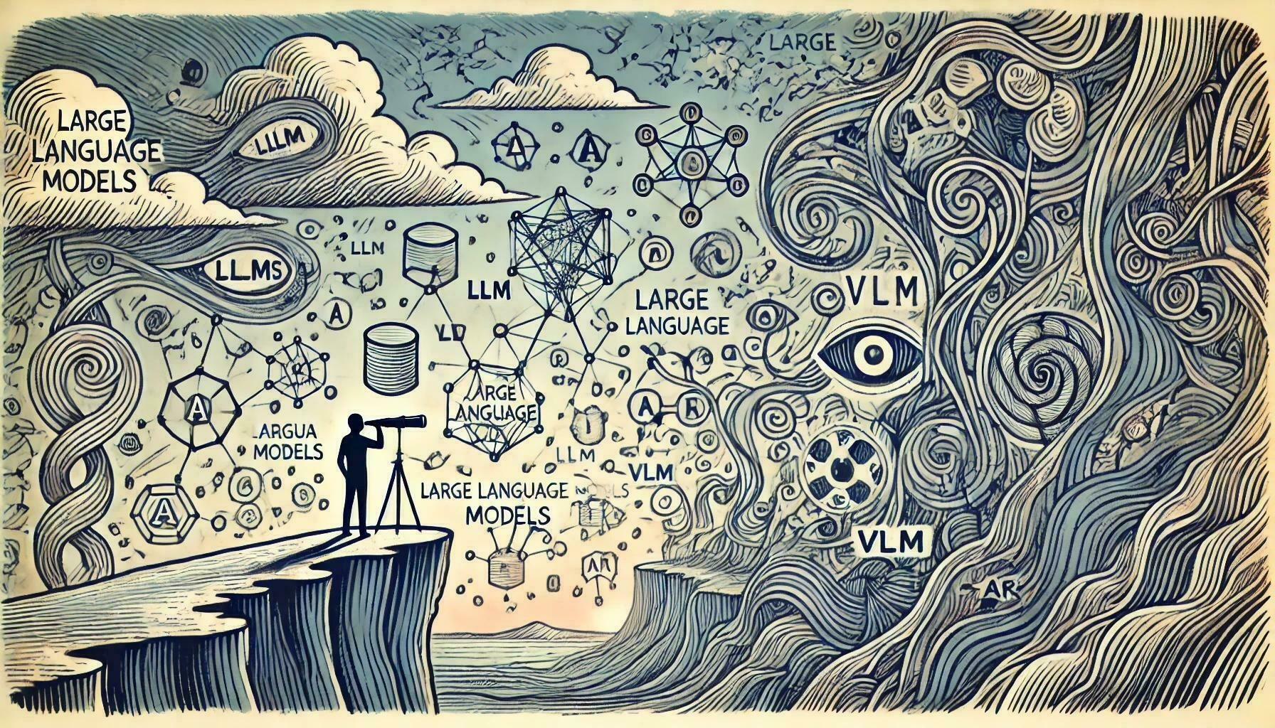 Hand-drawn image of a person standing on a cliff, looking at neural networks in the sky. Symbols of language and vision, like letters and eyes, are intertwined in the landscape. The scene suggests cautious exploration of AI, with muted blue and gray tones.