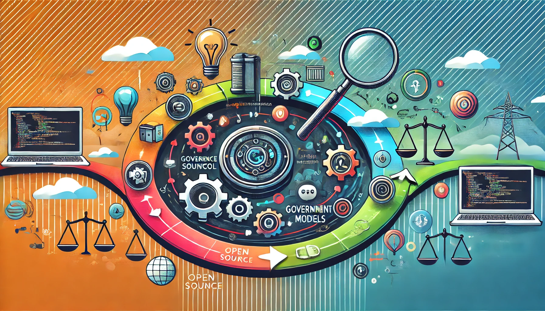 The image illustrates the continuous journey of Open Source software development with a central circular path featuring gears, coding symbols, and arrows. A magnifying glass on the left represents governance focus, and scales on the right symbolize decision-making. The background has a vibrant gradient, with subtle lines connecting the elements to highlight the interconnected Open Source ecosystem. The design is modern and abstract, with lightbulbs and community icons symbolizing innovation and collaboration.