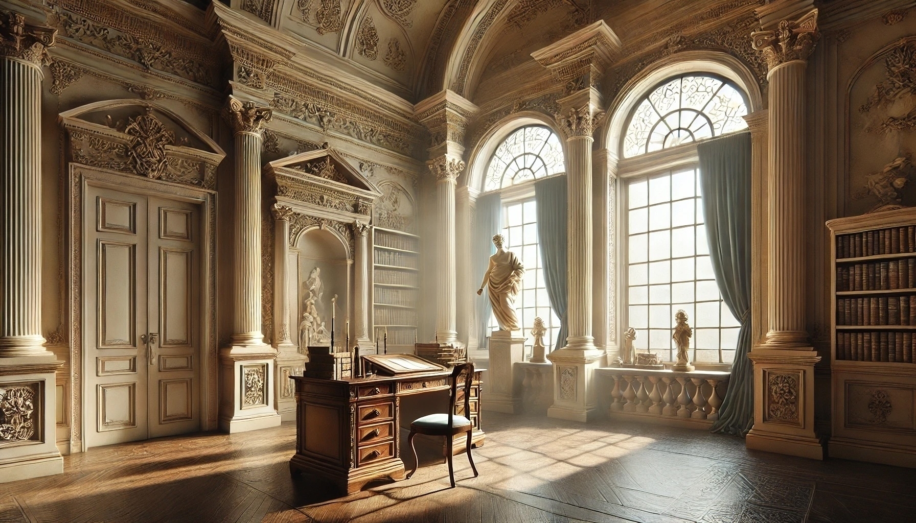 Elegant neoclassical study with arched windows, columns, and antique books on a central wooden desk.